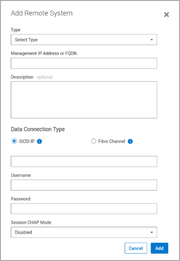 This screenshot shows an example of some of the fields that are optional and required when adding a remote system to PowerStore.