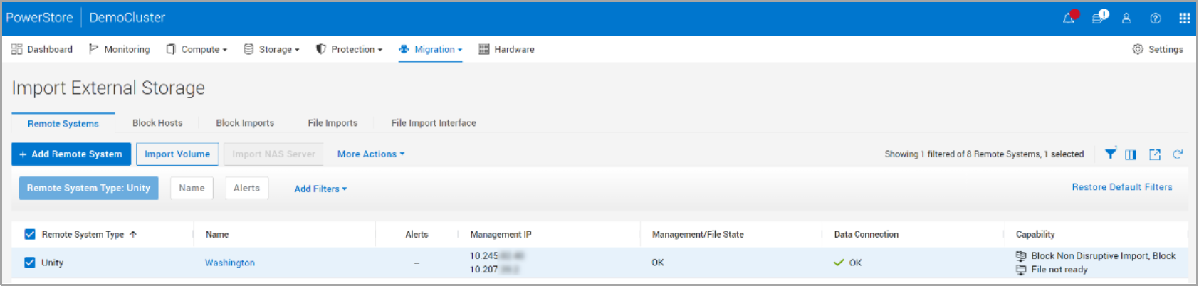 This screenshot shows a Unity system being selected on the remote systems pane and the import volume button.