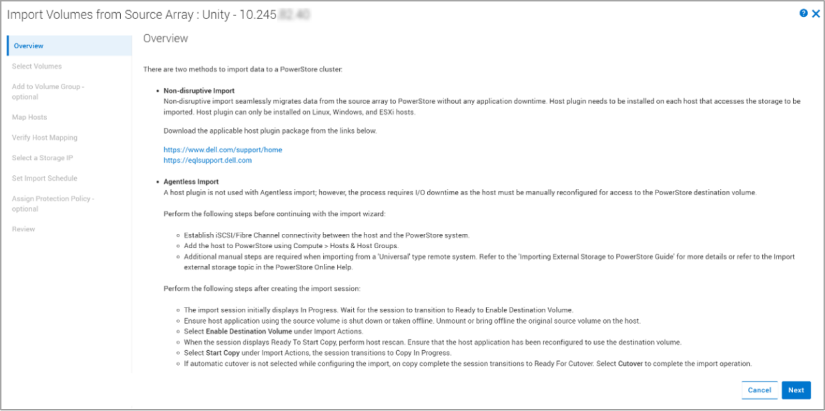 This screenshot shows the overview page of the import wizard in PowerStore.  It gives a high level overview of the non-disruptive import and agentless import process.