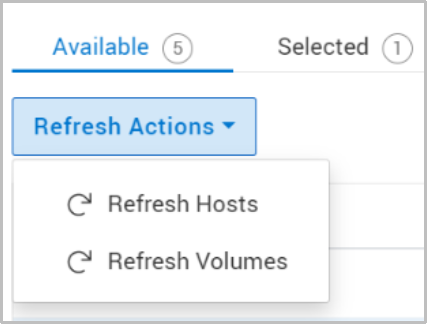 This screenshot shows how you can refresh the volumes view in the PowerStore import wizard from the refresh actions dropdown.  