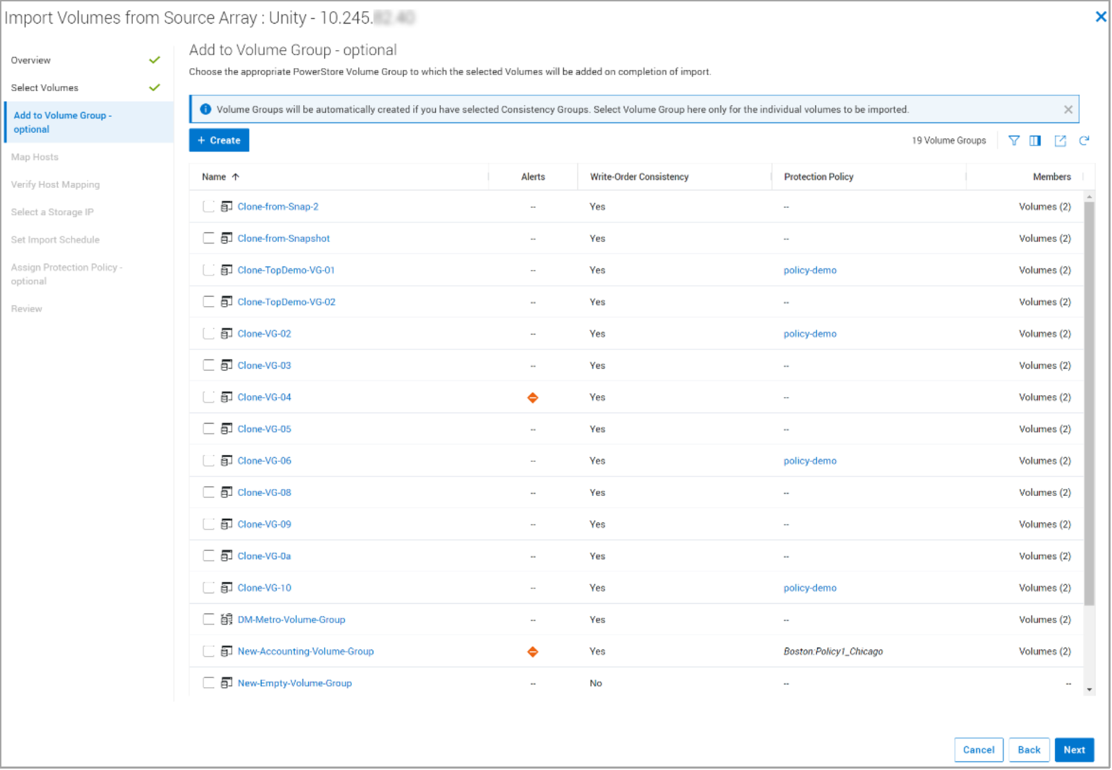 This screenshot shows the optional step of adding volumes to a volume group in the PowerStore import wizard. 