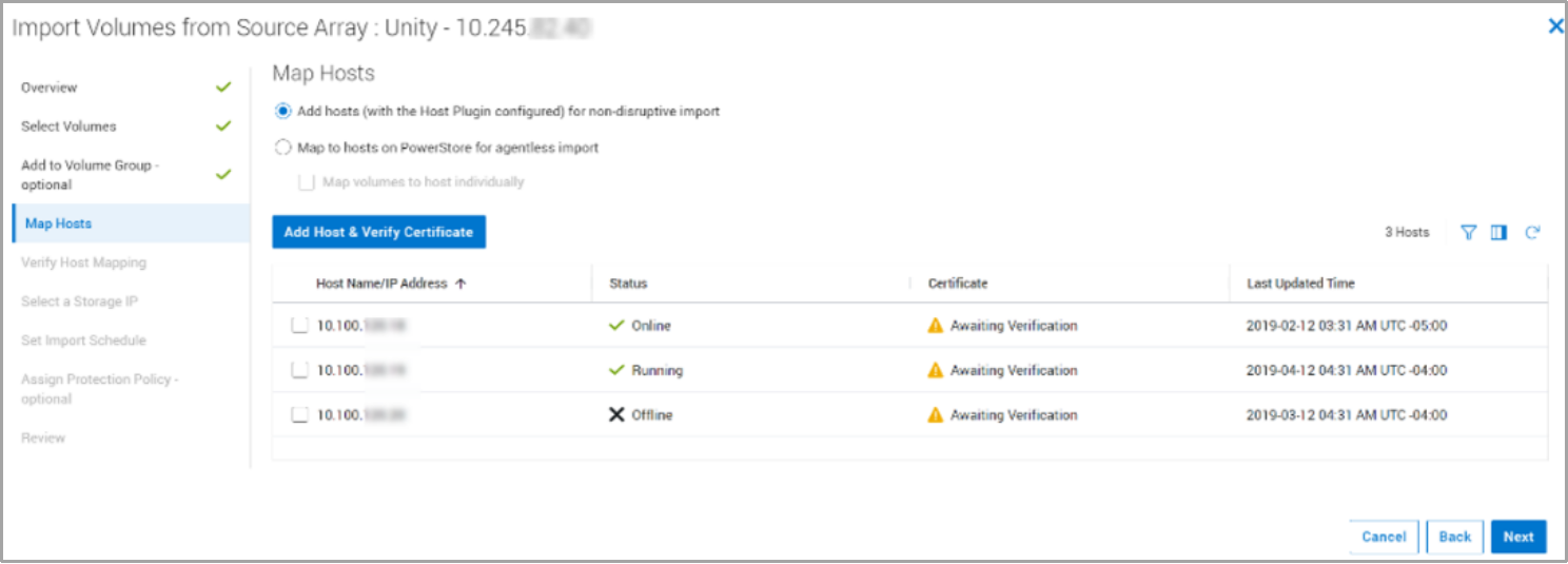 This screenshot shows the Map Hosts portion of the import wizard in PowerStore Manager.  Here we would add a host if it wasn't already discovered previously.