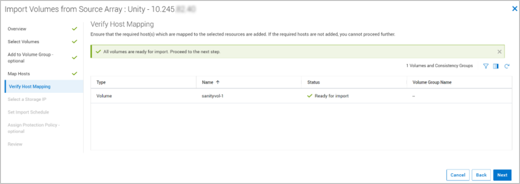 This screenshot shows that the wizard verifies the host and volumes for import. The green checkmark indicates that all volumes are ready for import.