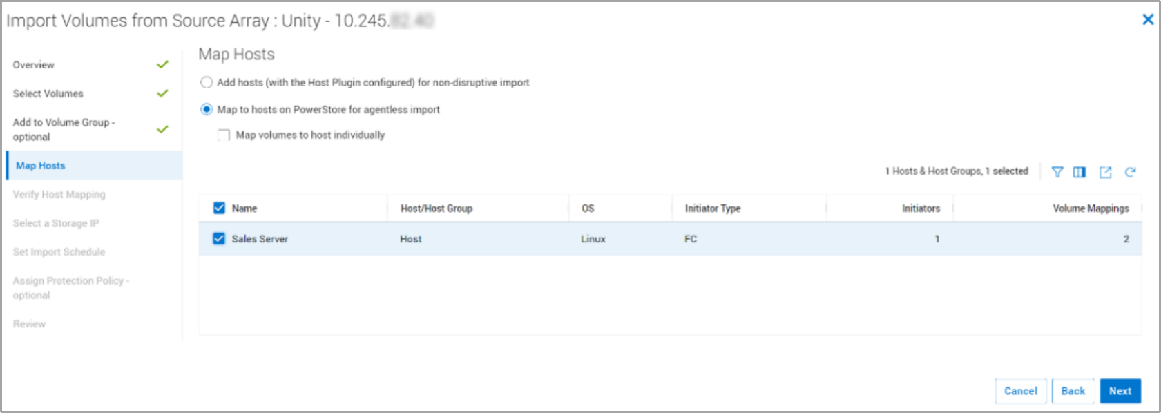 This screenshots shows that for an agentless import you can choose the host that you desire to import the volumes to in the wizard. This host must already be created prior to running this wizard.