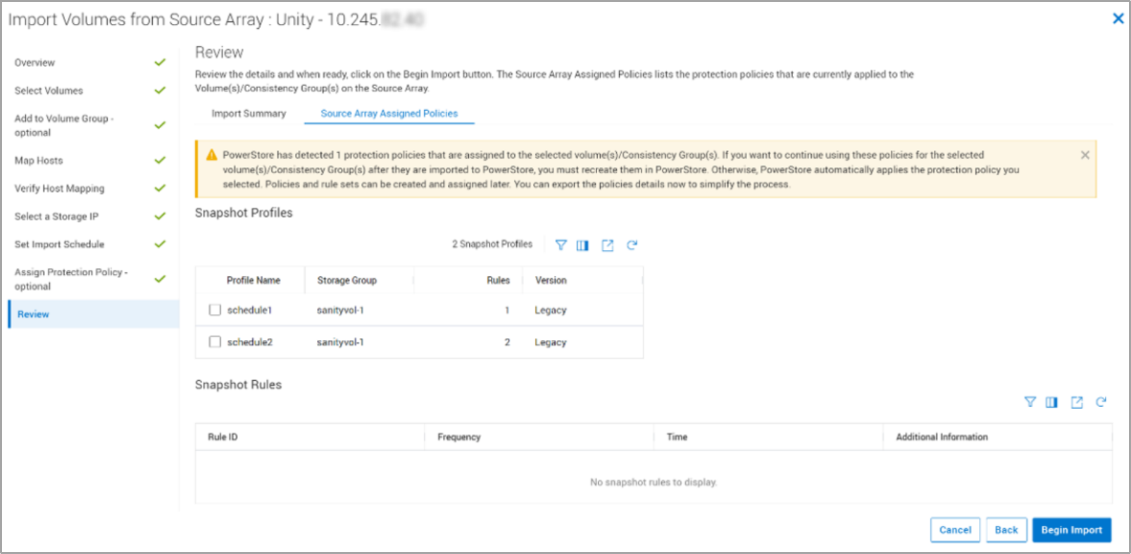 This screenshot shows the source array assigned policies tab. If you click the source array assigned policies tab in the review pane of the import wizard, you can view the source system's protection policies.  These cannot be imported but can be exported to csv or xlsx.