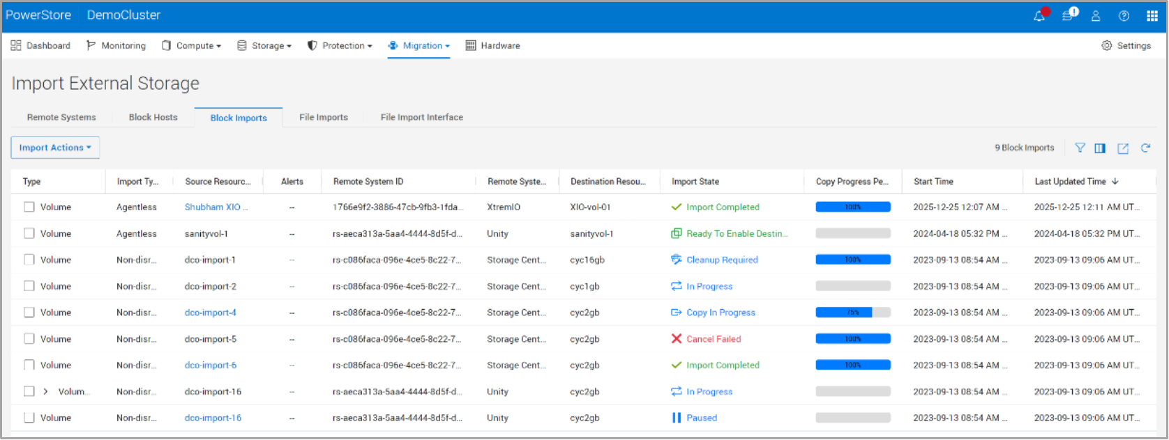 This screenshot shows the different import states for block imports.  Examples of import state are copy in progress, pause, ready to enable destination etc.