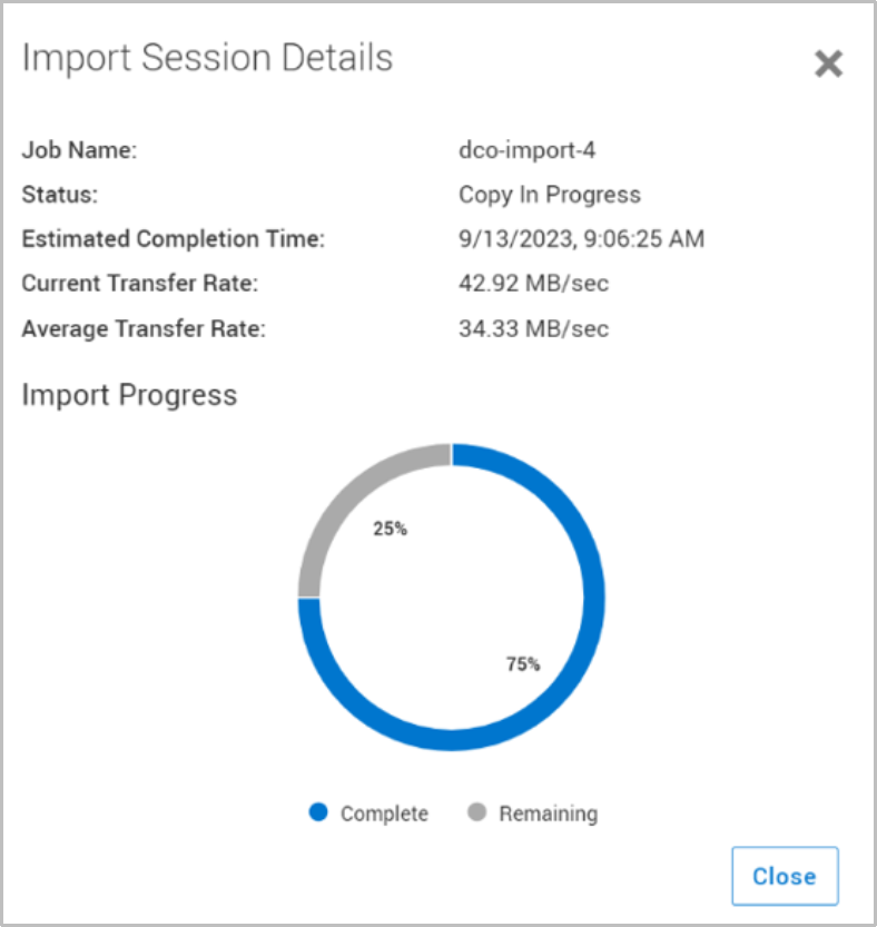 This screenshot shows the import session details.  It shows the percentage complete and other items like name, status, estimated completion time etc.