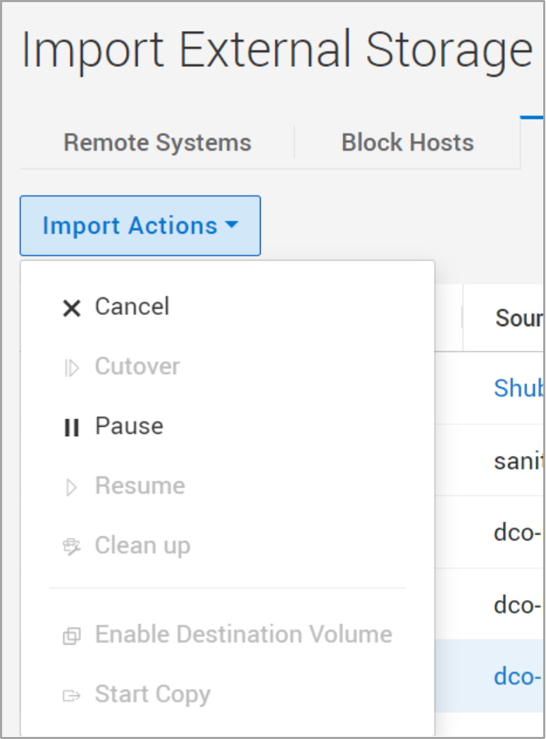 This screenshot shows the actions available from the import actions dropdown.  These include items like cancel, cutover, pause, etc.