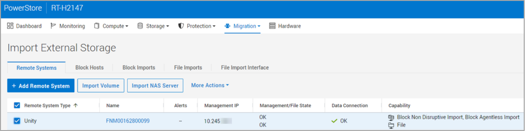 This screenshot shows how you click on the Import NAS Server button to start the file import process after selecting the remote system.