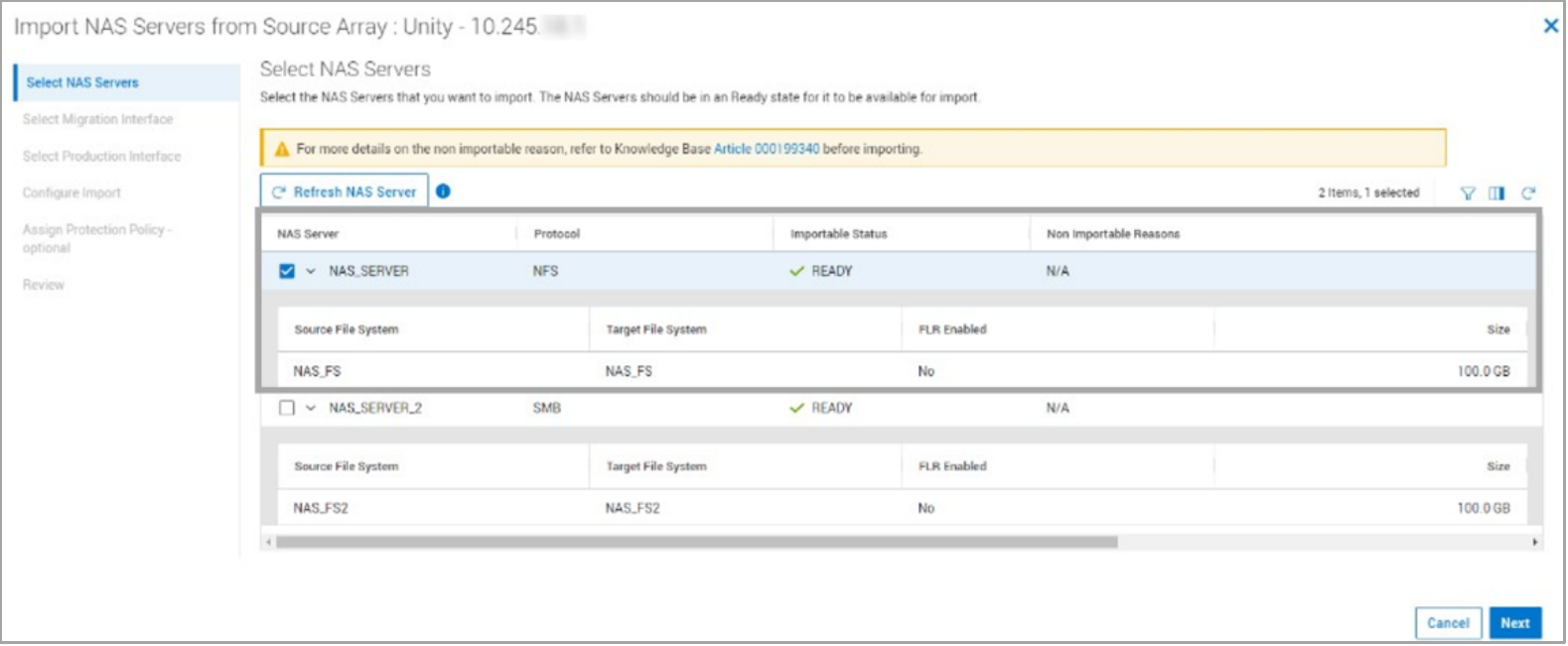 This screenshot shows how you select the NAS server for import.