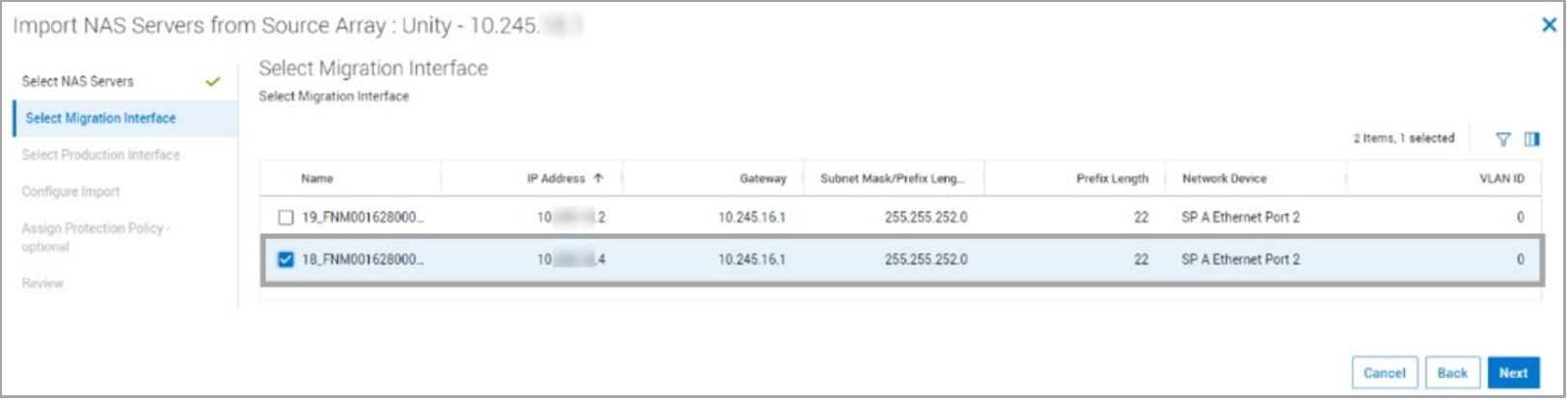 This figure shows how you select the migration interface for the NAS Server. 