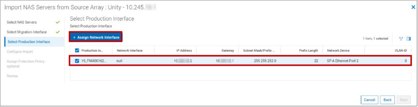 This screenshot shows how you select the production interface for the NAS Server.