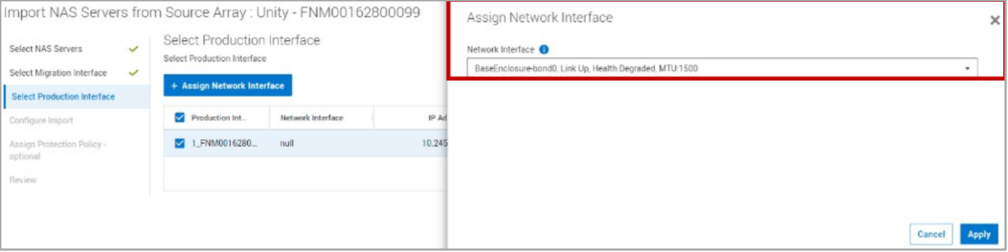 This screenshot shows picking the network interface for the production interface.