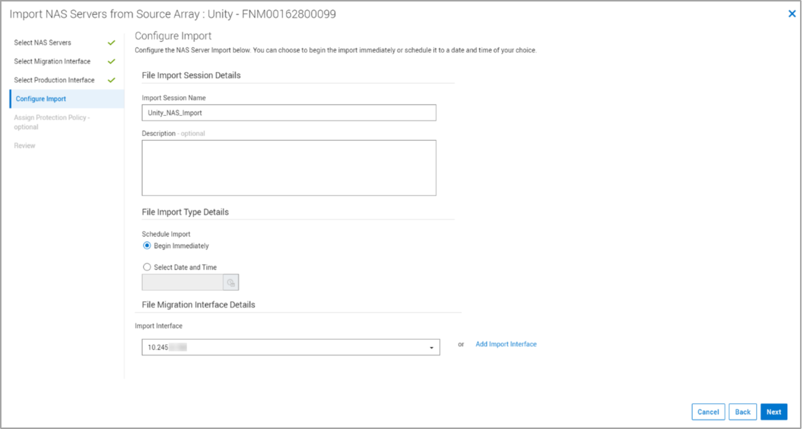 This figure shows how you input the file import session details into the file import wizard.