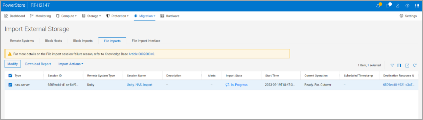 This screenshot shows the file import sessions on the PowerStore so you can monitor their lifecycle. 