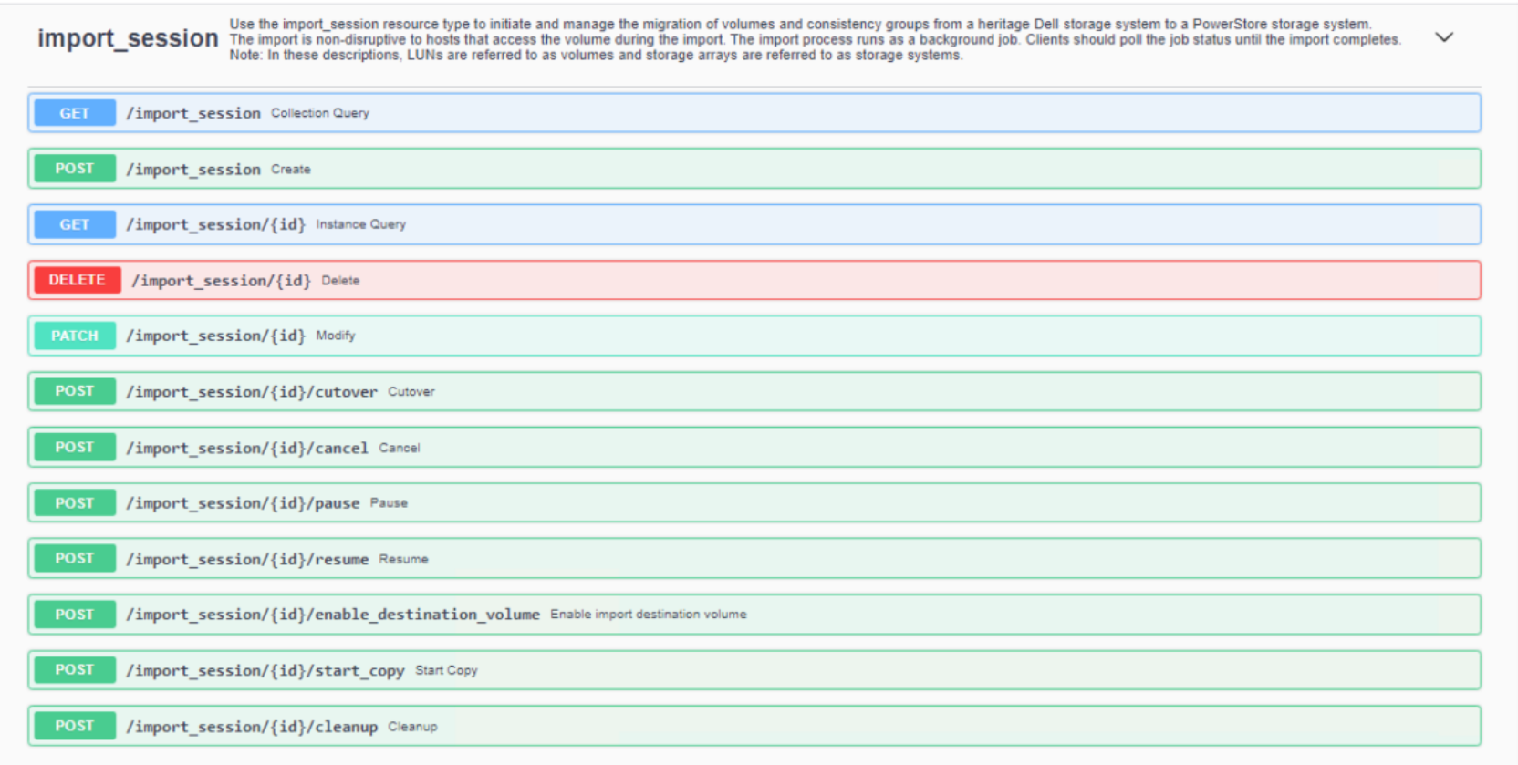 This figure shows the REST API queries that can be utilized with a block import session.