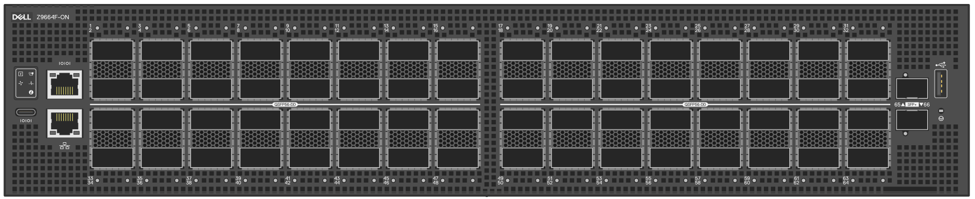 This graphic illustrates a front view of the Dell PowerSwitch Z9664F-ON