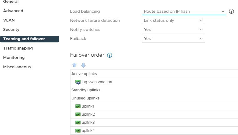 Sample LACP Policy configured as active uplink in teaming and failover policy