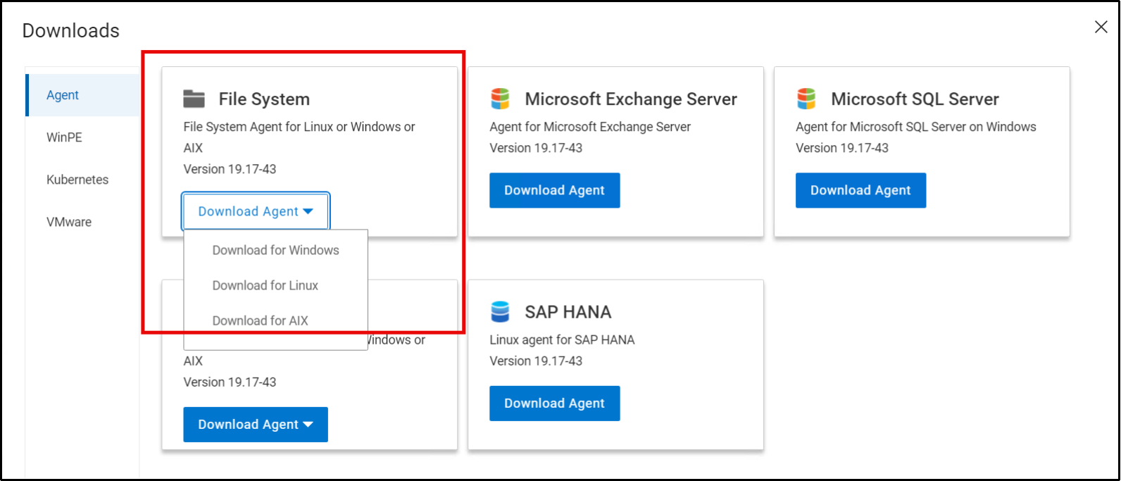 This figure shows the option to download the file system agent from the Data Manager UI.