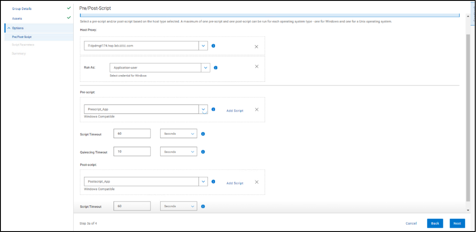 This figure shows the option to select the host proxy, pre and post-script as part of asset group configuration.