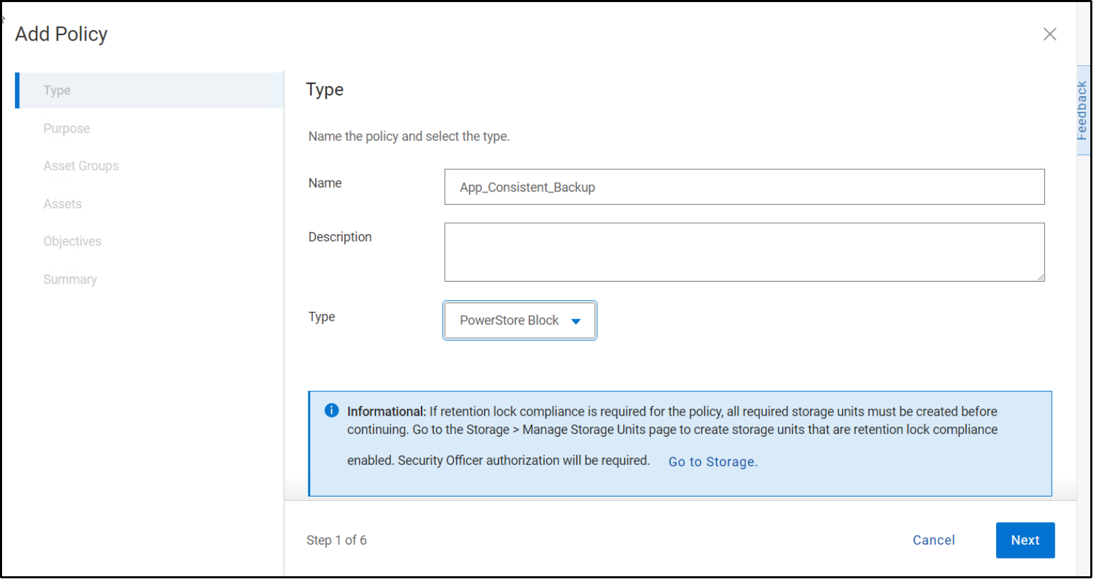 This figure shows the option to create a protection policy for PowerStore block volumes assigned to the application.