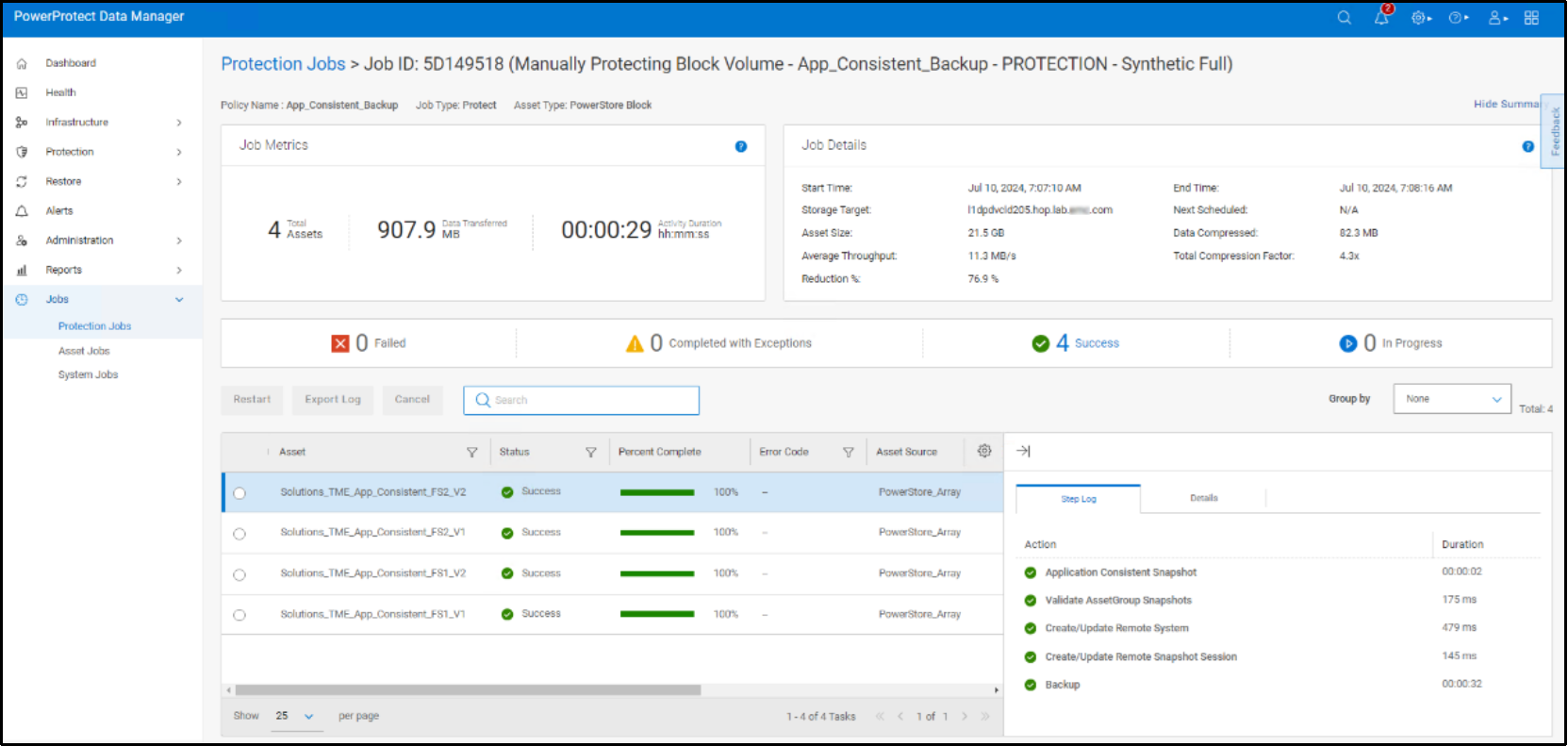 This figure shows the successful application-consistent backup for the application on PowerStore block volumes