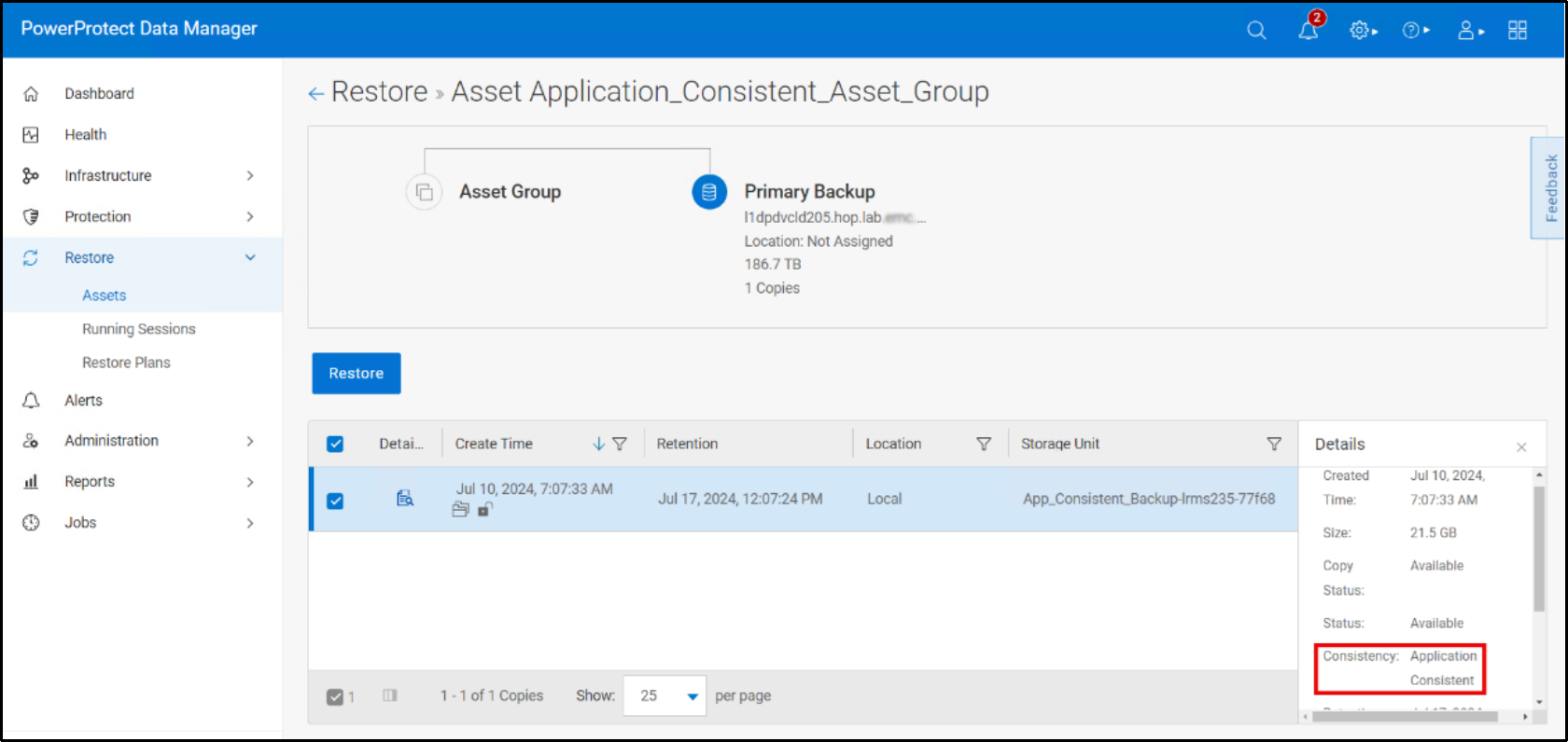 This figure shows the option to view the application-consistent backup copies from the restore, assets section in the Data Manager UI 