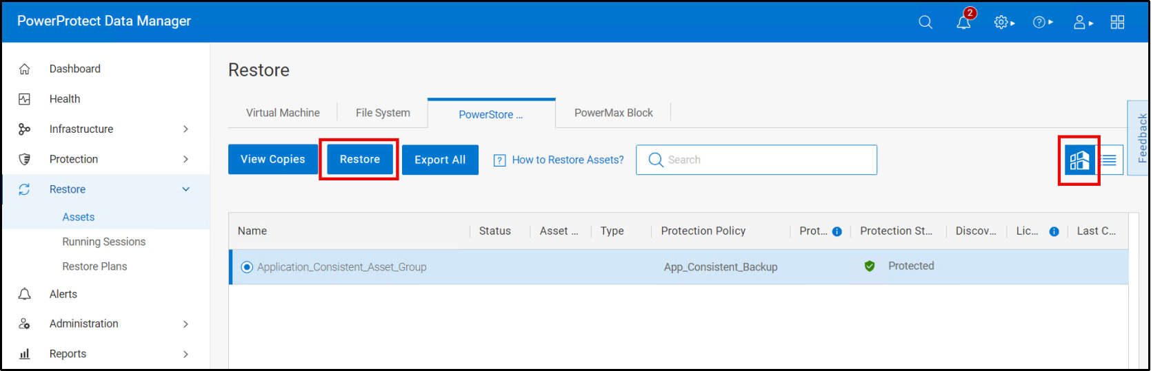 This figure shows the option to select the  Asset Group's backup copies to perform a restore. 