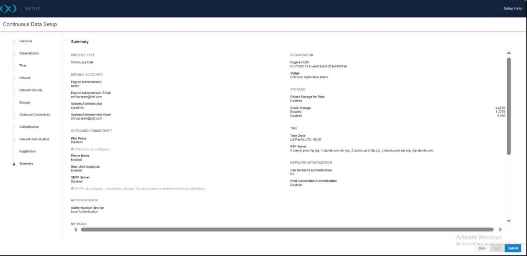 This is a screenshot of Delphix engine setup summary.