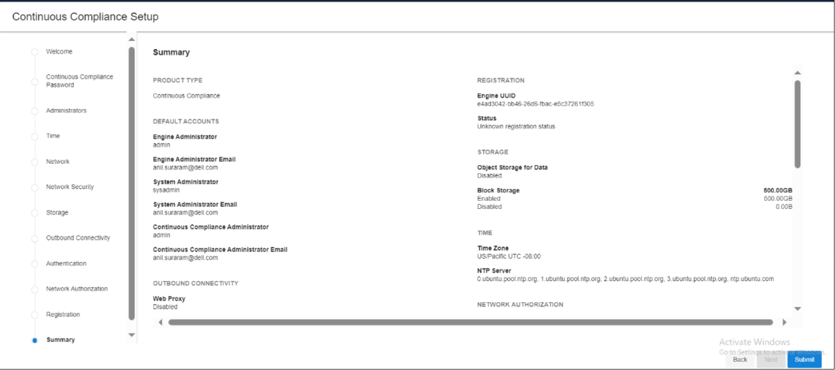 This is a summary screenshot of the delphix engine initial setup.