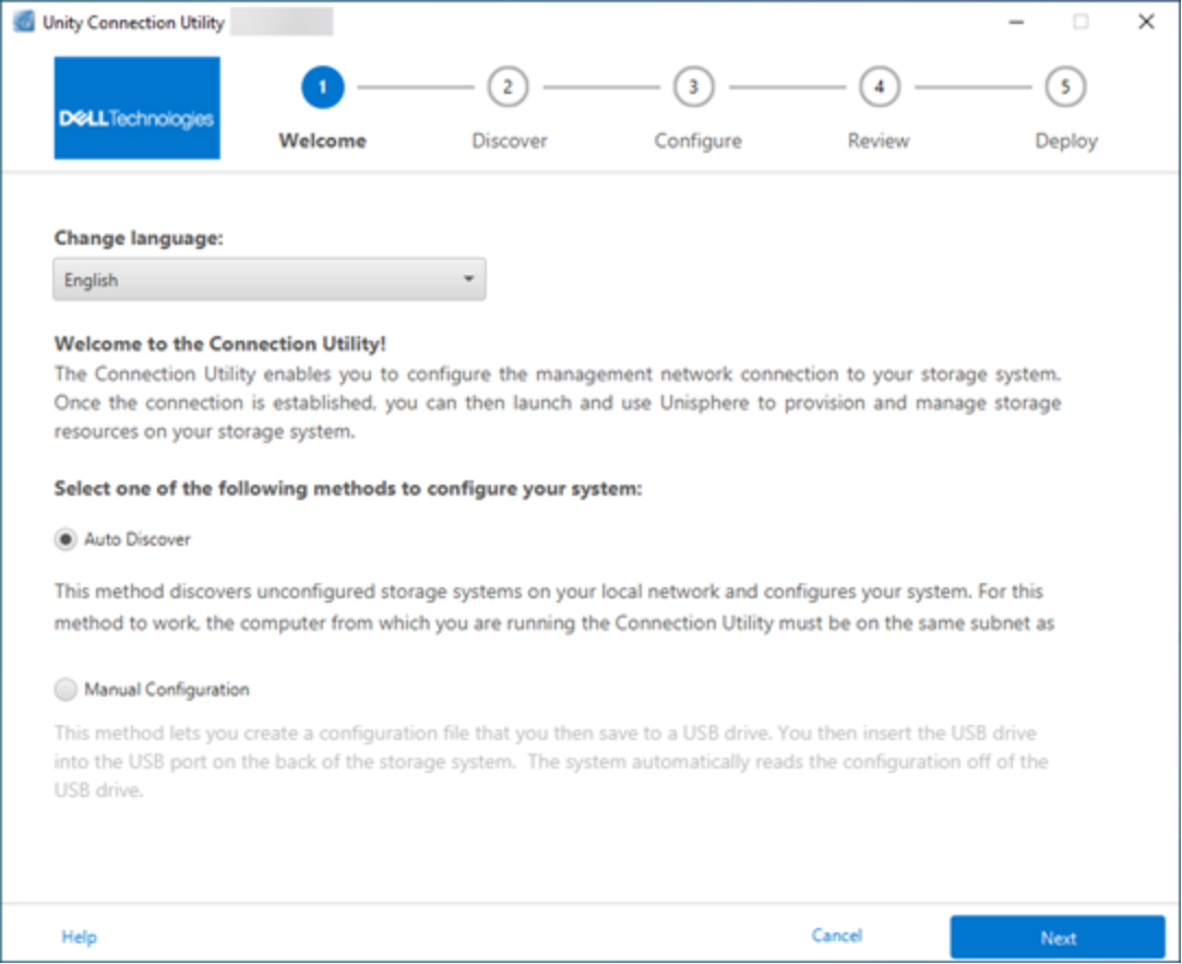 Example of discovering a Dell Unity System with Dell Unity Connection Utility