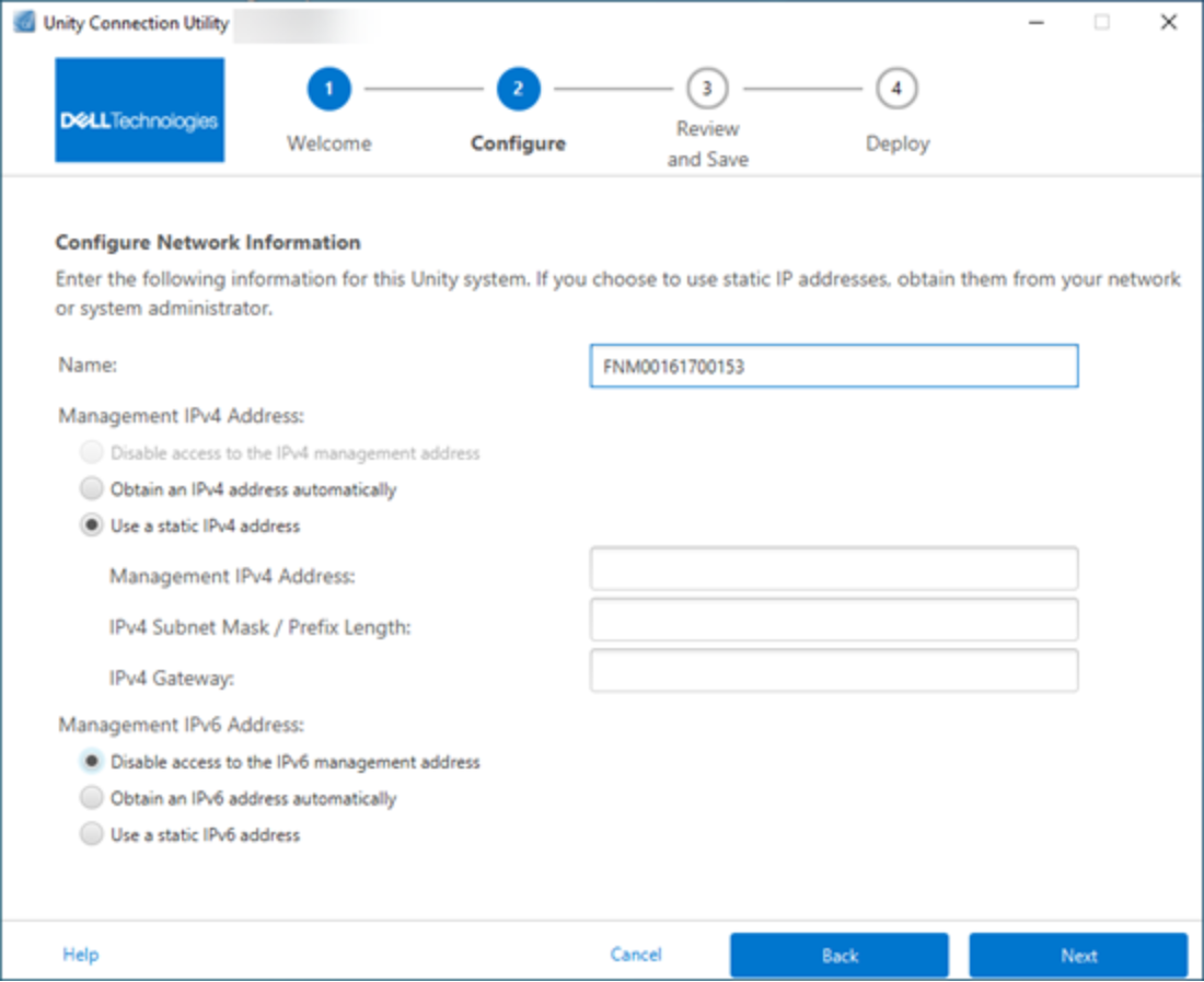 Example of configuring a Dell Unity Systems management IP with Dell Unity Connection Utility