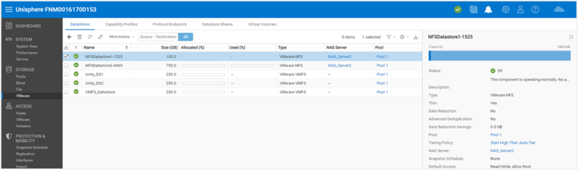 Example of a user defined VMware datastore being displayed under Unisphere's VMware  page