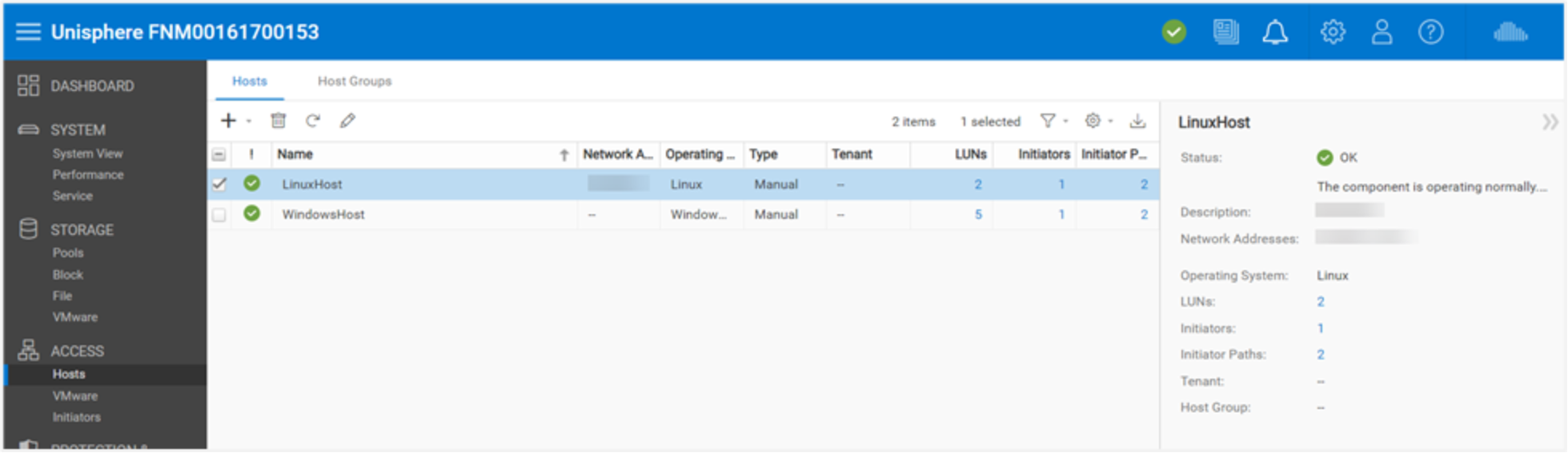 Example of registered hosts being displayed under Unisphere's Hosts page