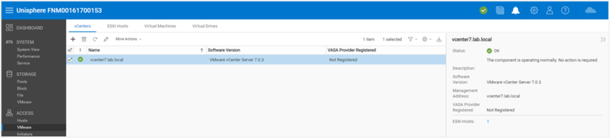 Example of a registered VMware vCenter for VMware integration with a Dell Unity System