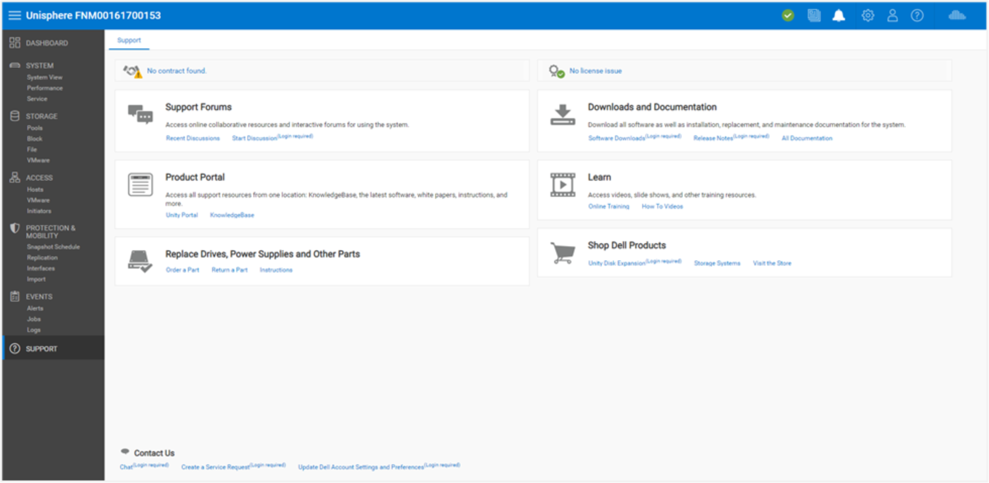 Unisphere's Support page for learning resources and assistance for the Dell Unity storage system.