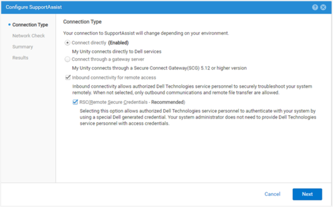 Example of configurable Support Assist options, which include Remote Secure Credentials