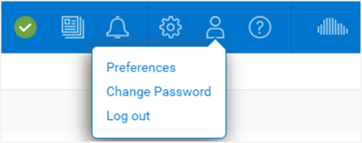 Example of Unisphere's user options in which a user can change their Language preferences, change their password, or log out of the Unity system all together