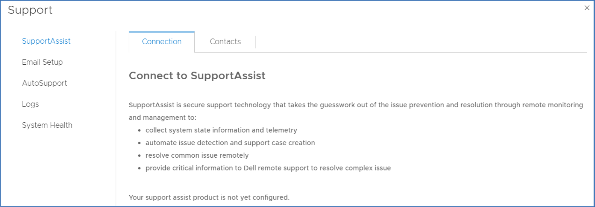 This figure shows the Support Assist - Configuration Page