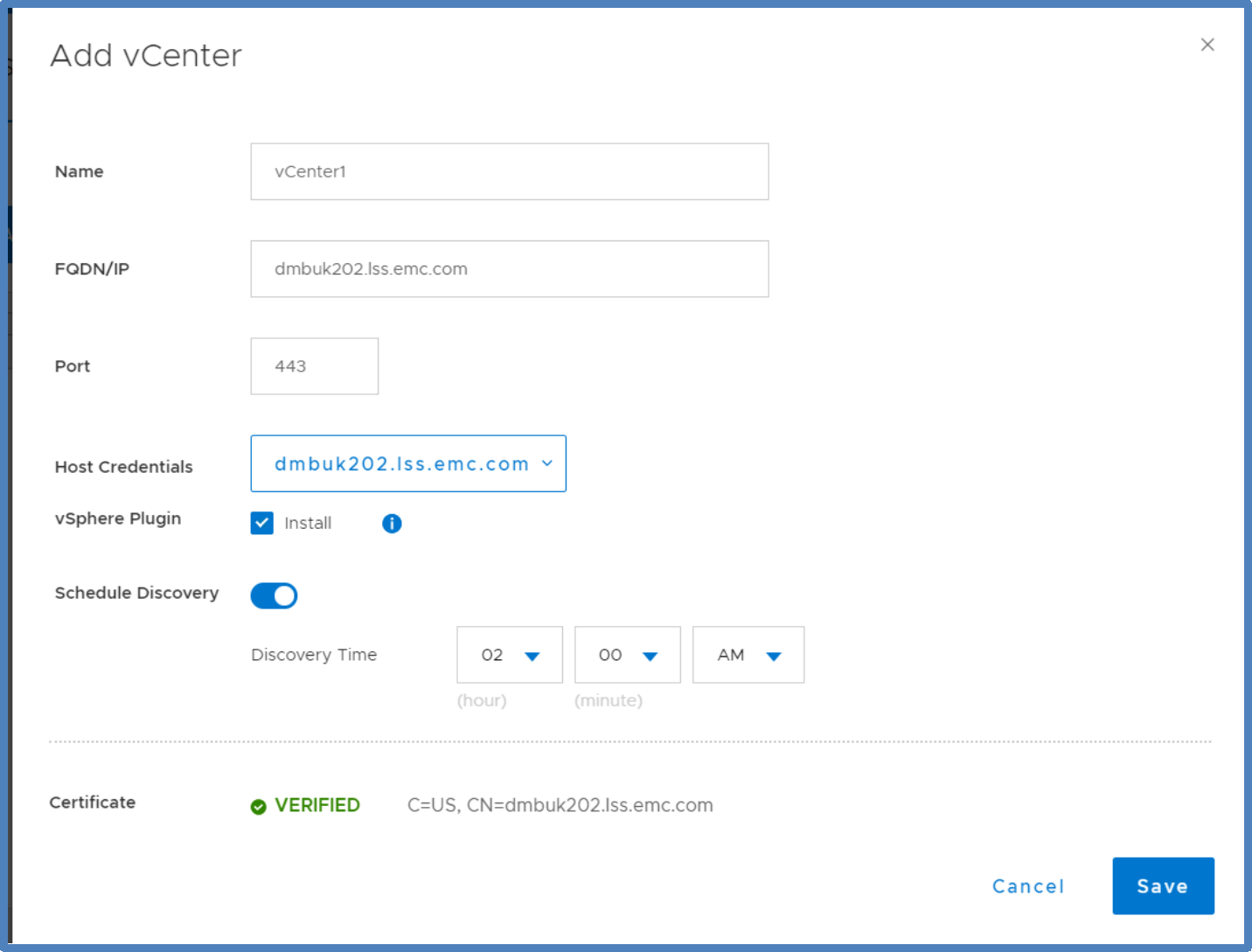 This figure shows the vCenter - Addition page.