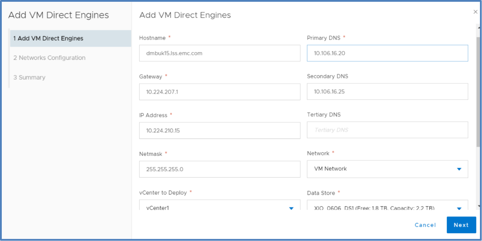 This figure shows the VM Direct Engine deployment screen.