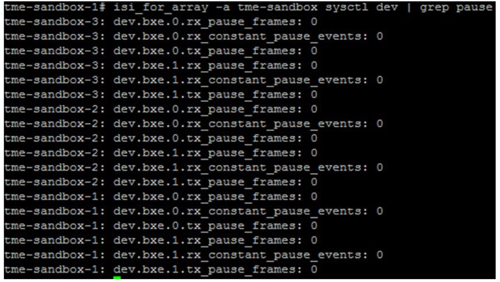 A figure illustrating the CLI output of checking for pause frames.