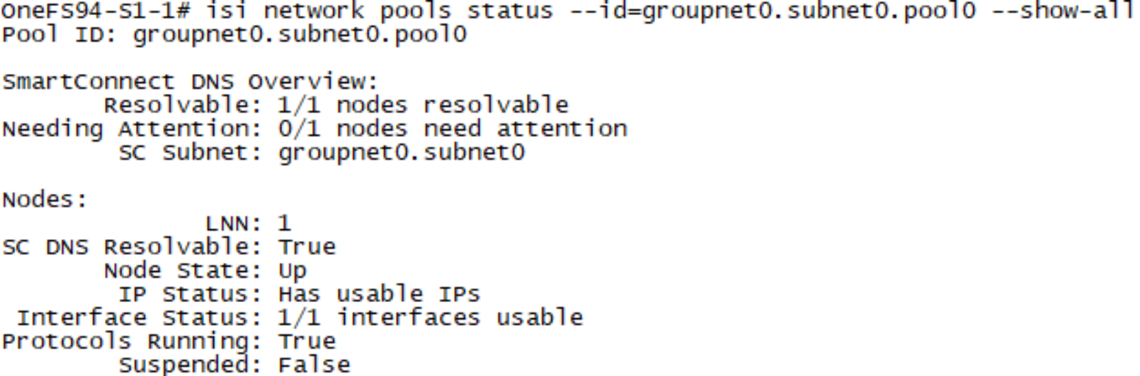 A figure illustrating the CLI output of isi network pools status