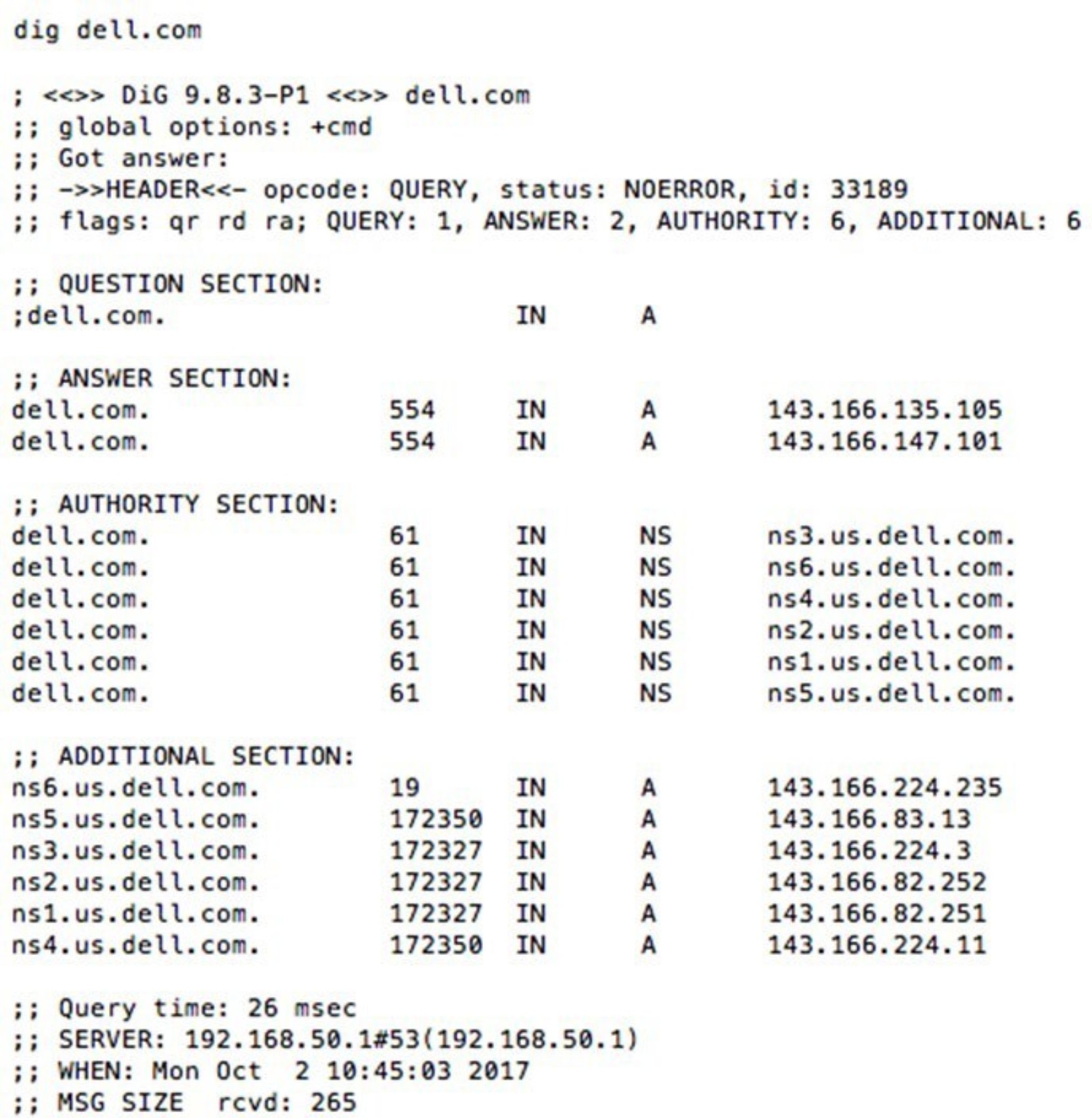 A figure illustrating the CLI output of dig dell.com