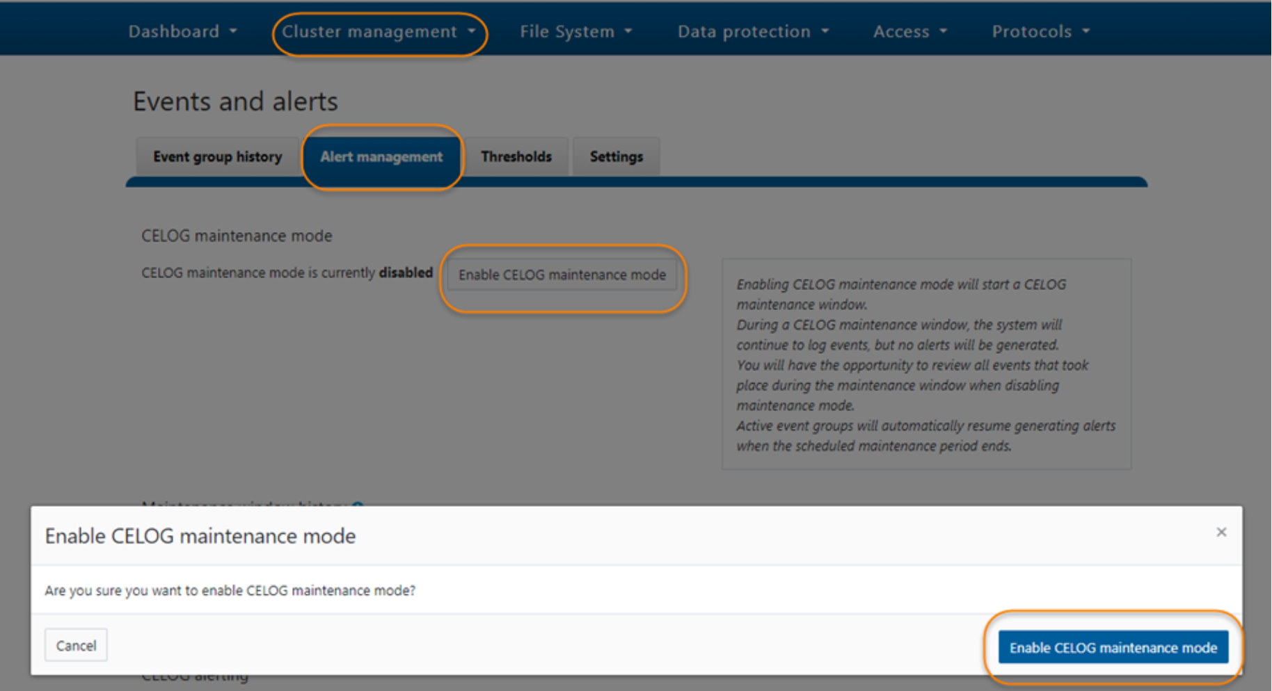 This screenshot shows how to enable celog maintenance mode.