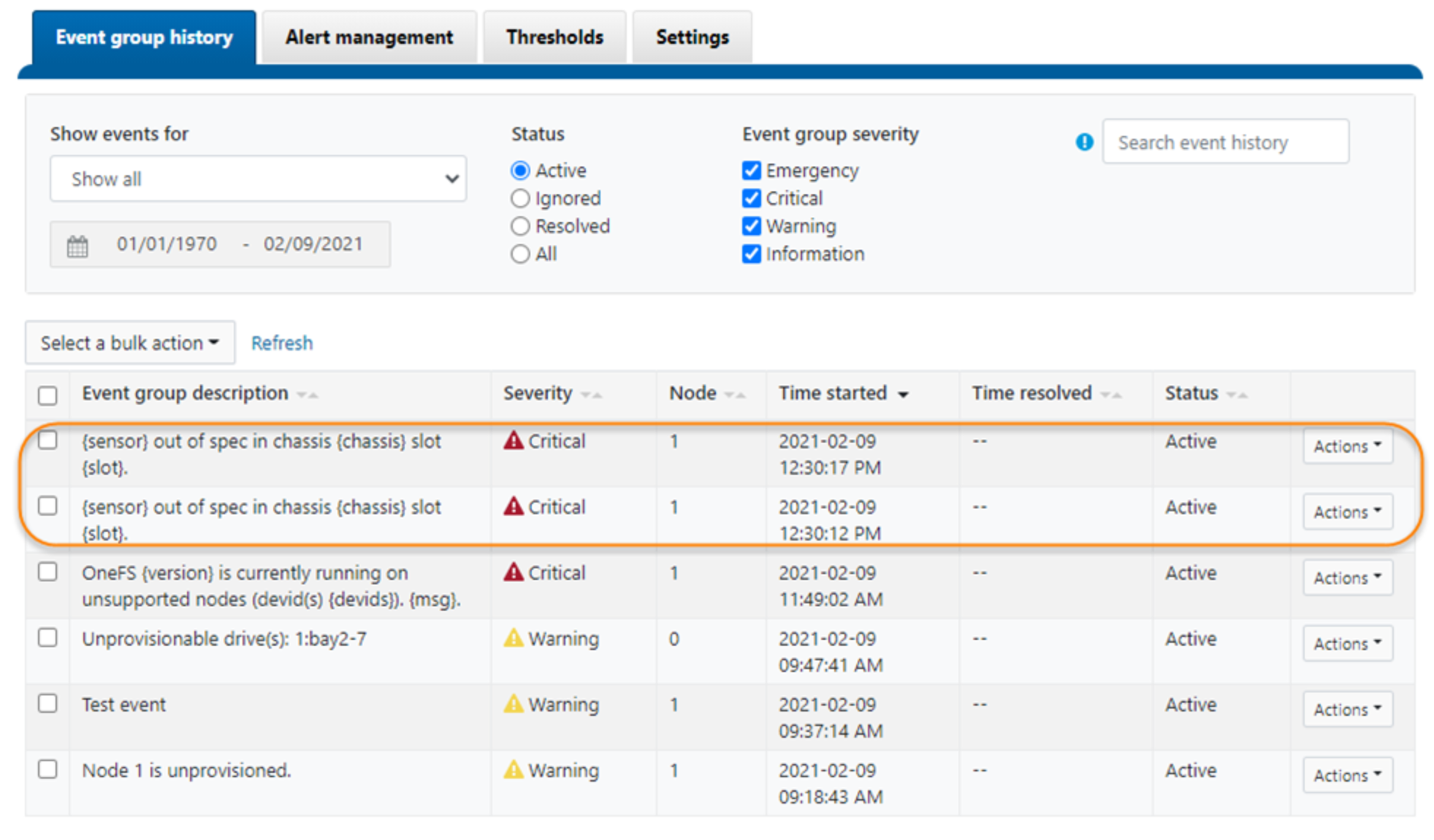 This screenshot shows the event history with suppressed events.