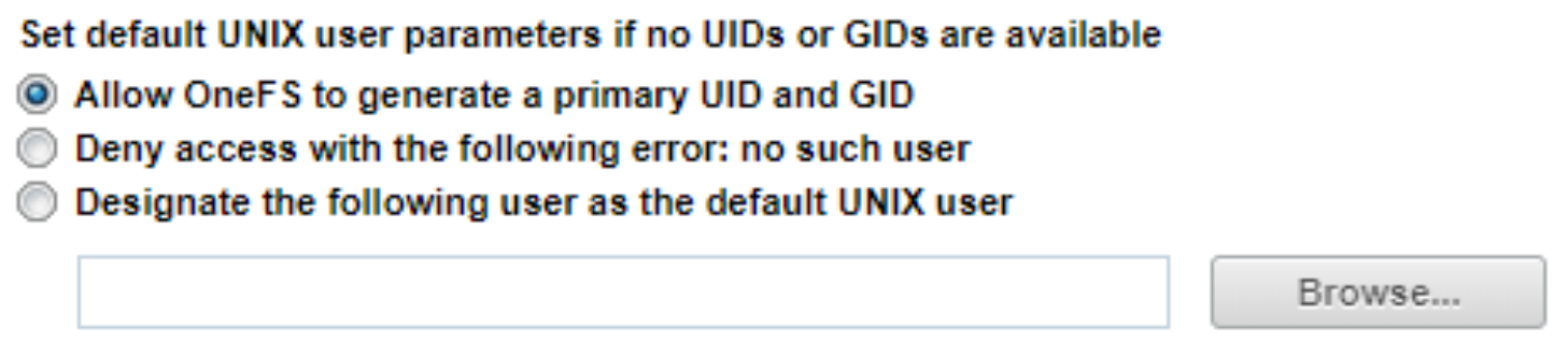 Shows the global option to set default UNIX user parameters if no UIDs or GIDs are available.