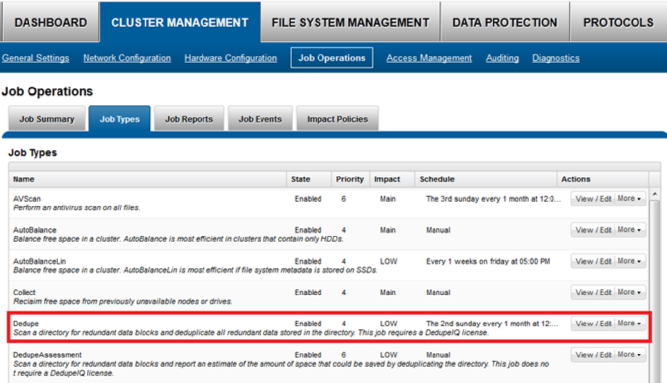 OneFS WebUI job engine screenshot showing SmartDedupe job control.