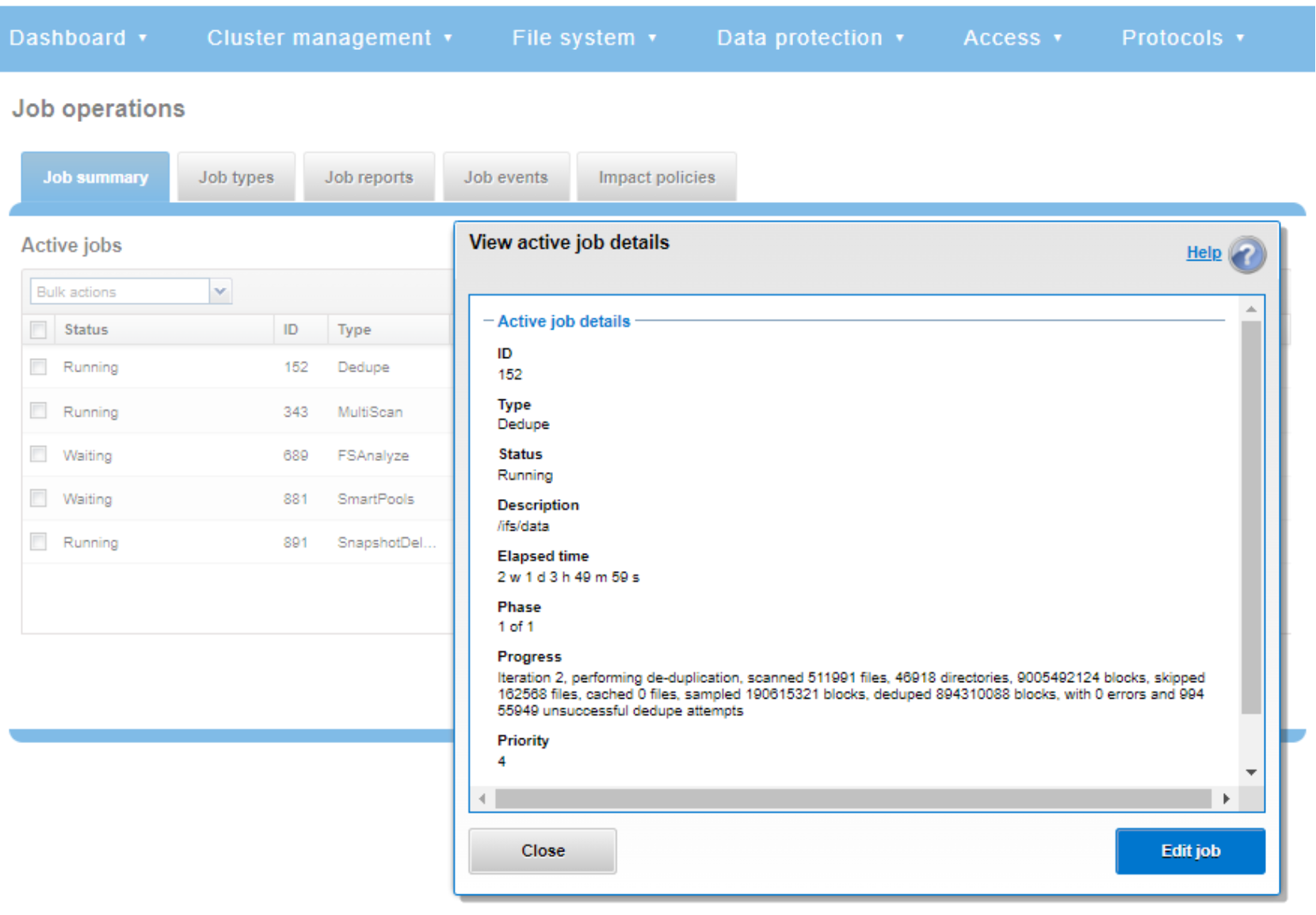 WebUI screenshot showing an example of an active job status update.