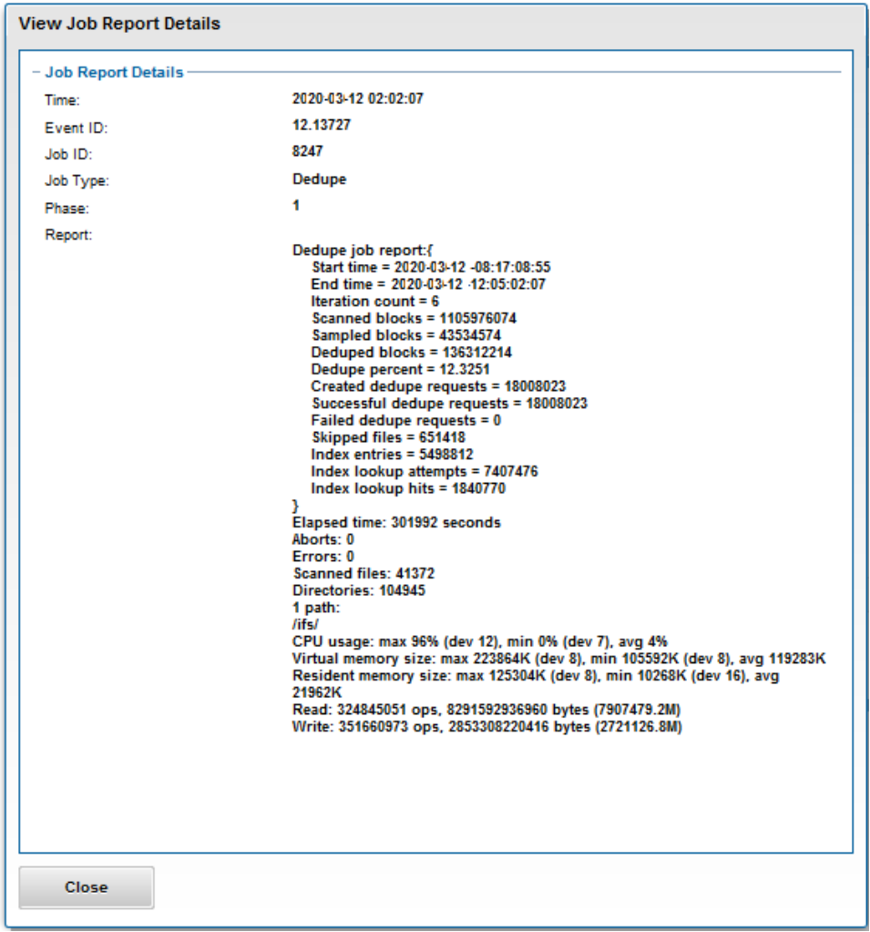 WebUI screenshot showing a deduplication job report.